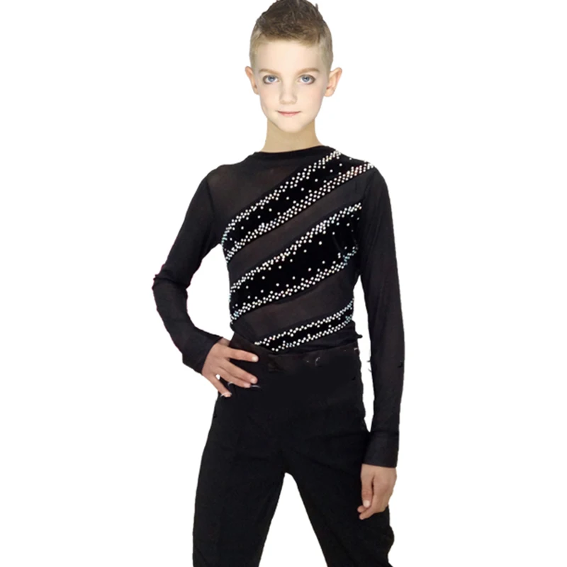 

Latin Dance Shirts Boys Long Sleeve Black Gold Velvet Elastic Net Yarn Rhinestone Ballroom Shirt Men Cha Competition Tops DN1578