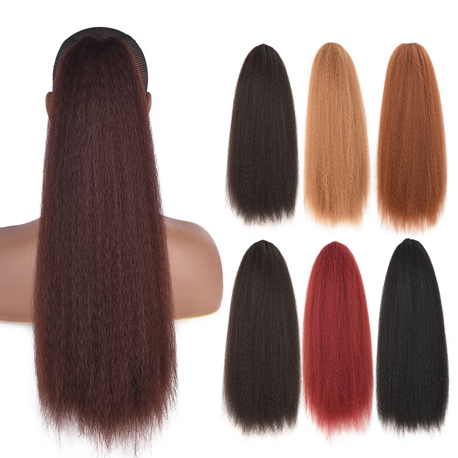 

AliLeader Multi-colors Long Straight Hair Bun Synthetic Yaki Kinky Straight Ponytail Hairpiece With Clips, 6 colors can be availabled