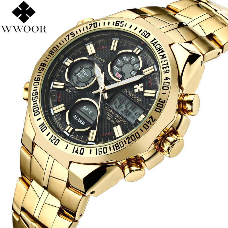 

WWOOR 8019 2017 New Fashion Luxury Men LED Digital Sport Quartz Analog Clock Male Army Military Stainless Steel watch, 6 color choose