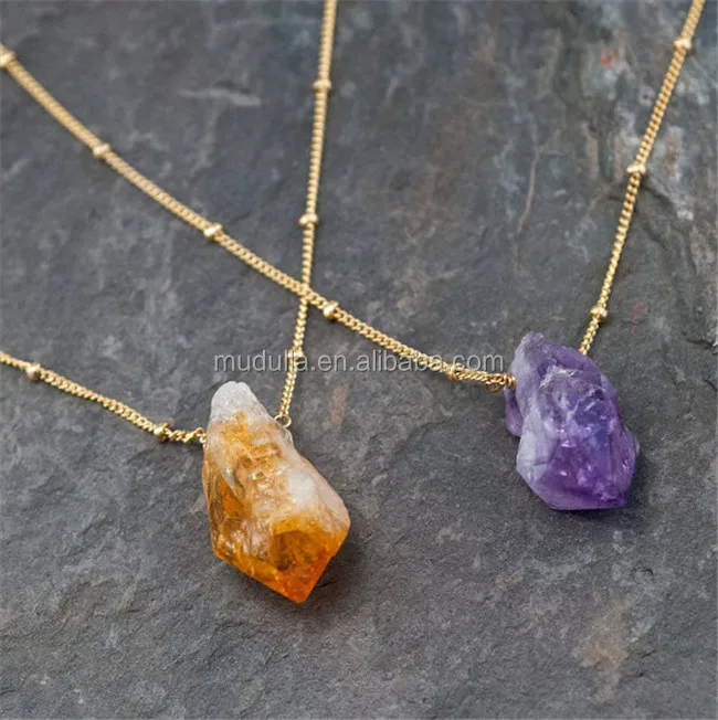 

NM18059 Raw Gemstone Charm Necklace Amethyst Citrine Point Necklace Gold Plated Chain Necklace