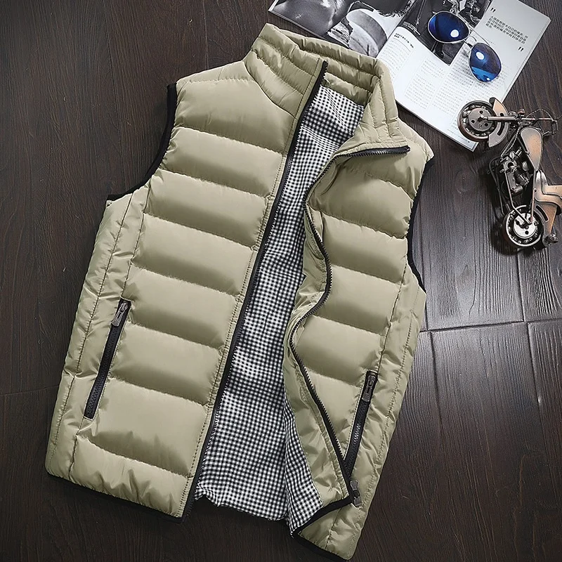 

2021 New Fashion Men Classic Plus Size Sleeveless Stand Collar Quilted Puffer Down Vest Outerwear, 10colors
