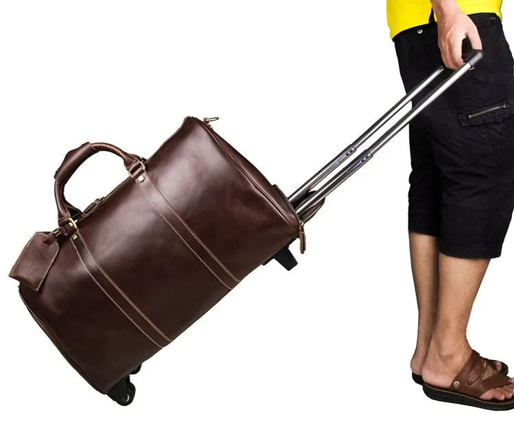 J M D Cowhide Leather Travel Tote Trolley Bag For Men Duffel Bag