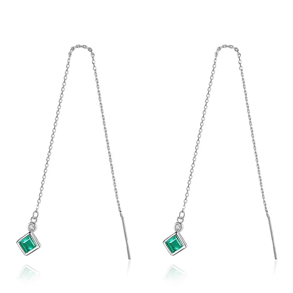 

CZCITY Square Shaped Emerald Stone Earring Sterling Silver 925 Threader Dangle Drop Earrings Chandelier Earrings for Women
