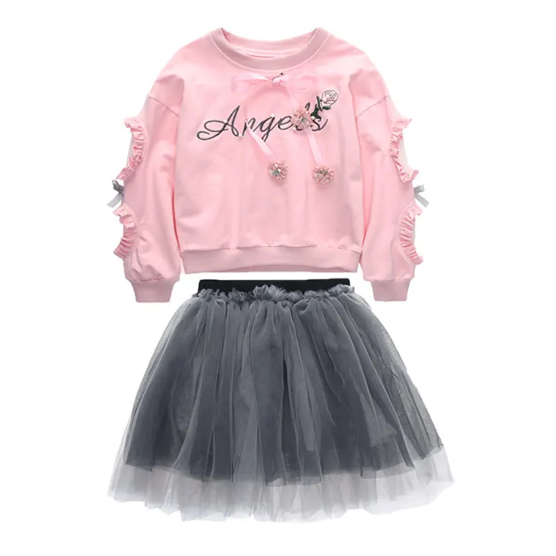 

New Girls Clothing Suit Long Sleeve T Shirt Yarn Skirt 2 Pcs Set Letter Flower Lace Bow Kids Autumn Suit, Yellow;pink