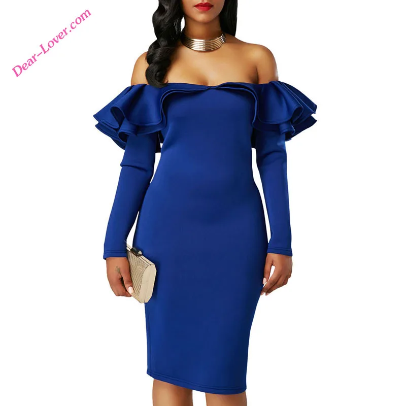 

Royal Blue Night Club Party Slash Neck Long Sleeve Ruffle Off Shoulder Bodycon Dresses, As shown