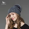 New Design Colorful Female Beanie with Fox Fur Top Ball Pompom Acrylic Knitted Brand Beanie Winter Hat Bonnet