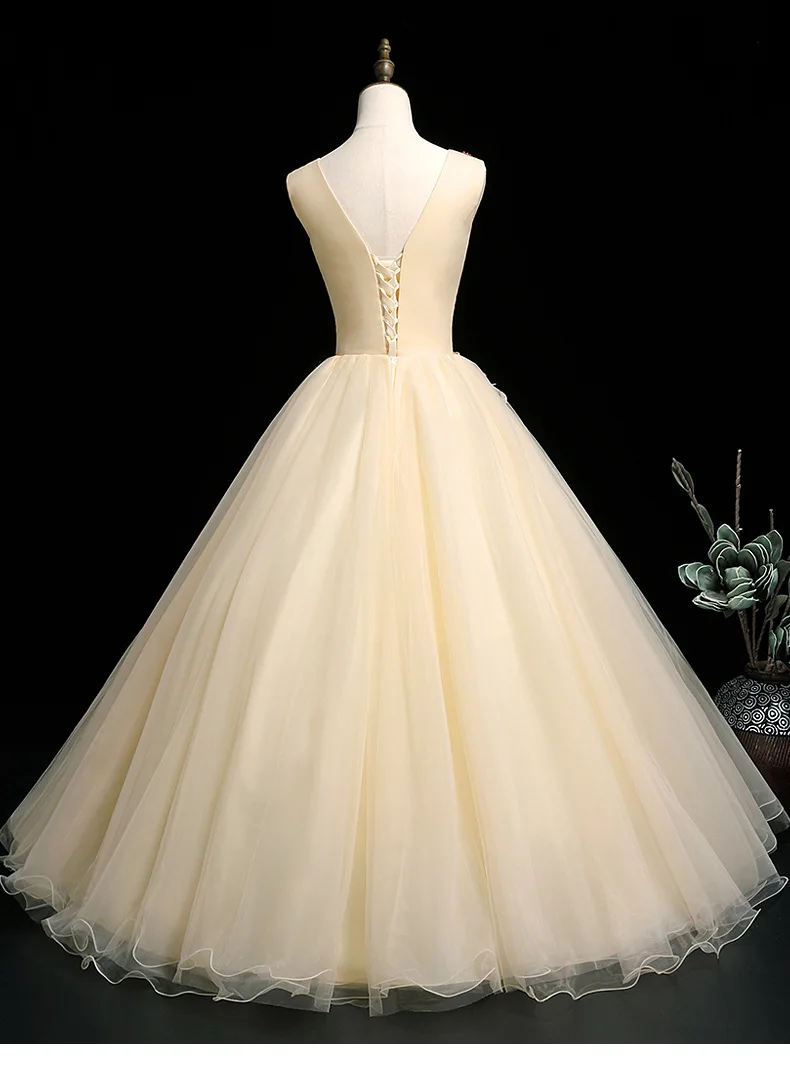 Hq198 Sleeveless Vneck Prom Dress Light Yellow Appliqued Flowers Long