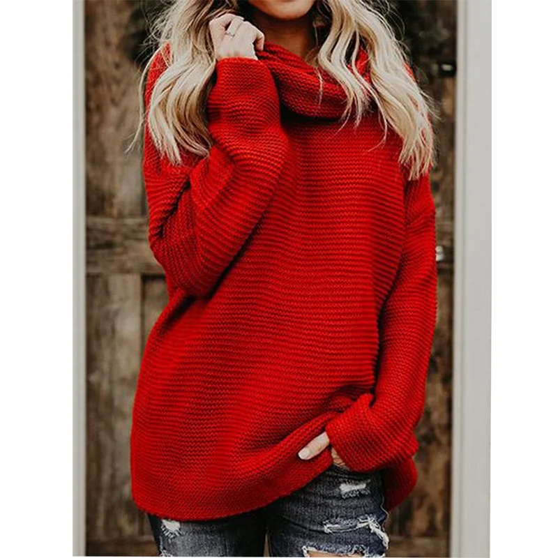 

Winter Ladies Knit Loose Sweater Fashion Women High Collar Sweater, Green, khaki, pink, yellow, red, grey, black