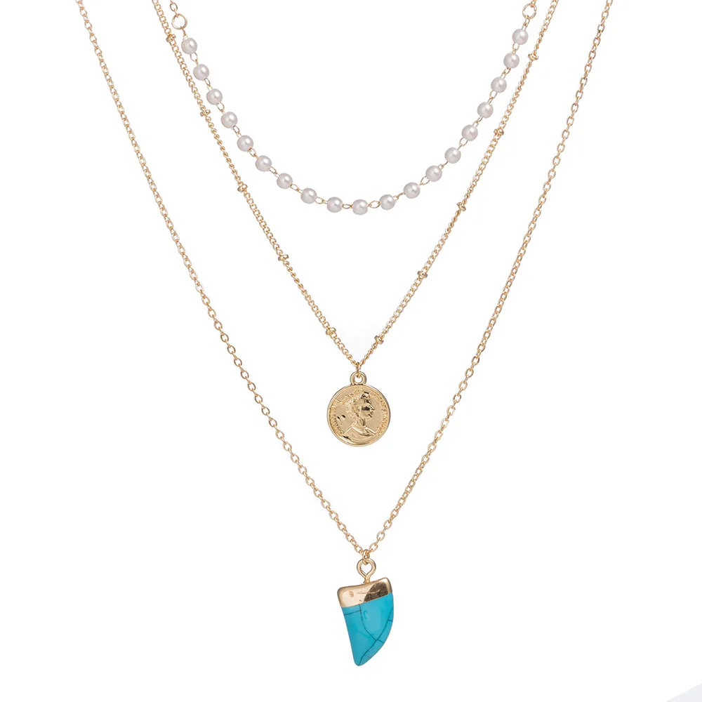 

Turquoise Horn Coin Pendant Pearl Choker Necklace Women Gold Multilayer Necklace Jewelry (SK493), As picture