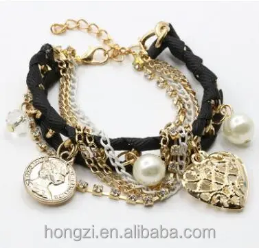 

Pearl circle woven rope chain multi-layer flashing diamond woven bracelets wholesale hollow hearts