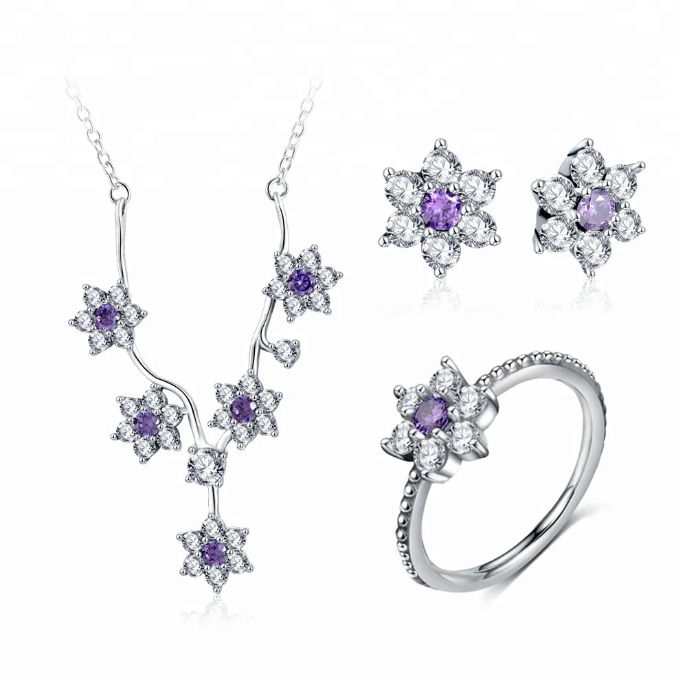 

Necklace Earring Ring AAA Cubic Zircon Jewelry Fashion Women Flower Jewelry Set, Purple