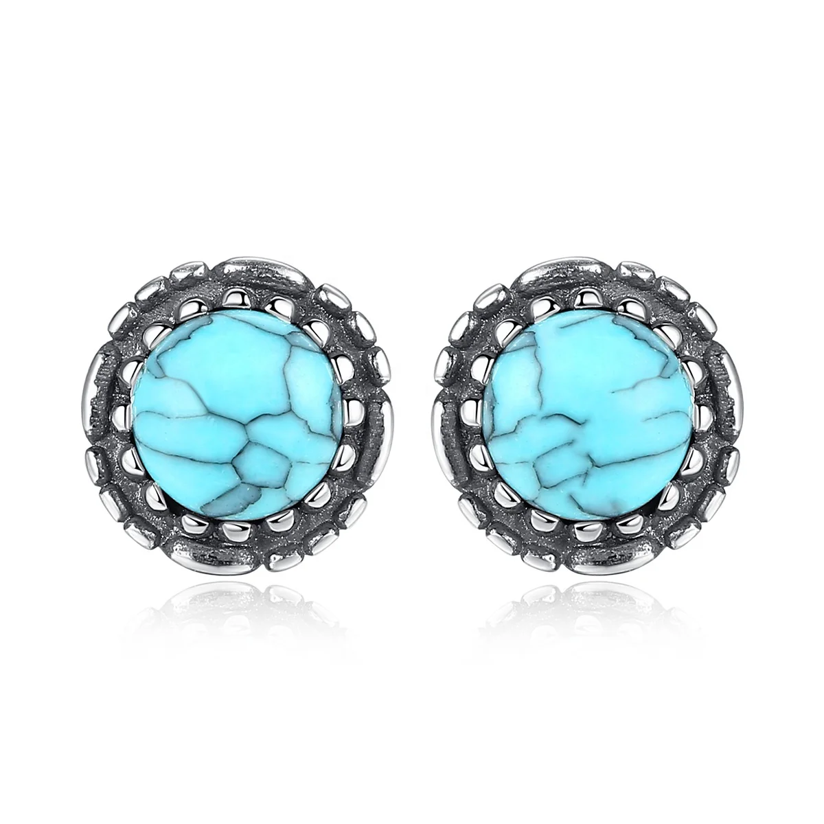 

CZCITY Genuine 925 Sterling Silver Fashion Earring Round Turquoise Stud Woman Vintage Original Thai Silver Statement Earrings