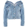 100% Cotton Machine wash Denim off shoulder jacket with wide raw cut sleeves