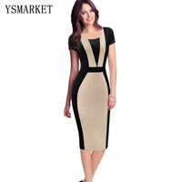 

Summer Women Slim Fit Midi Dresses Stylish Casual Color Block Round Neck Short Sleeve OL Style Working Dress E1527