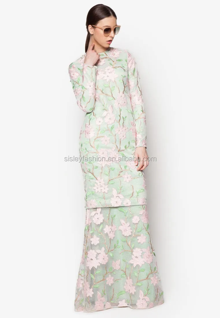  Muslim Dress With Lace Baju Kurung Long Sleeve Maxi Dress 