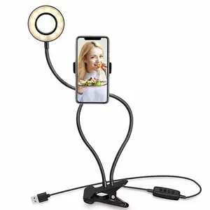 Flexible lazy neck gooseneck selfie fill light cell phone holder, desktop led selfie light makeup cell phone stand holder