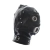Open Eyes and Mouth Leather Head Hood Male Bondage Sex Toys Female Restraint Head Hood Full Face Mask with Long Dildo
