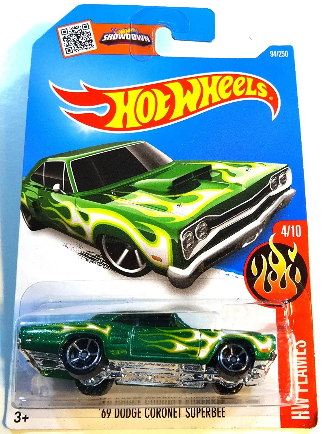 7.8. Hot Wheels, 2016 HW Flames, '69 Dodge Coronet Superbee Green Die-...