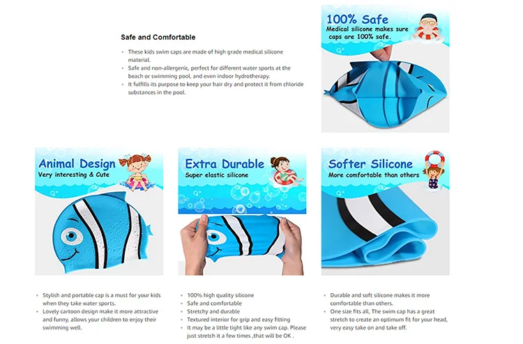 Start Smart Kids Fun Waterproof Custom Silicone Swim Cap for Boys and Girls