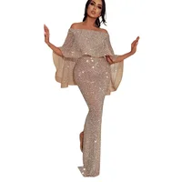 

2018 Sequin Evening Gowns Off Shoulder Prom Dresses Shiny Sliver Mermaid Woman Party Dress Wear Gown With Cape