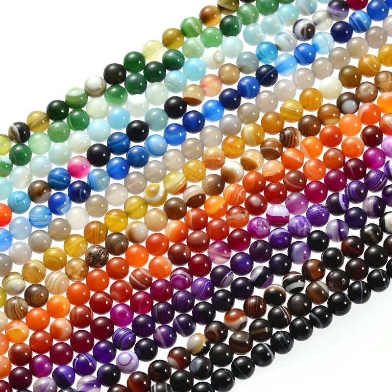 

Round Semi-Precious Loose Bead Striped Agate Stone Gemstone Beads For Jewelry Making