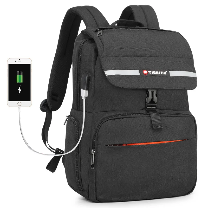 

Tigernu outdoor backpack USB Recharging 15.6 inch laptop School Bag For Teenager Travel Mochila Waterproof bagpack school, Black