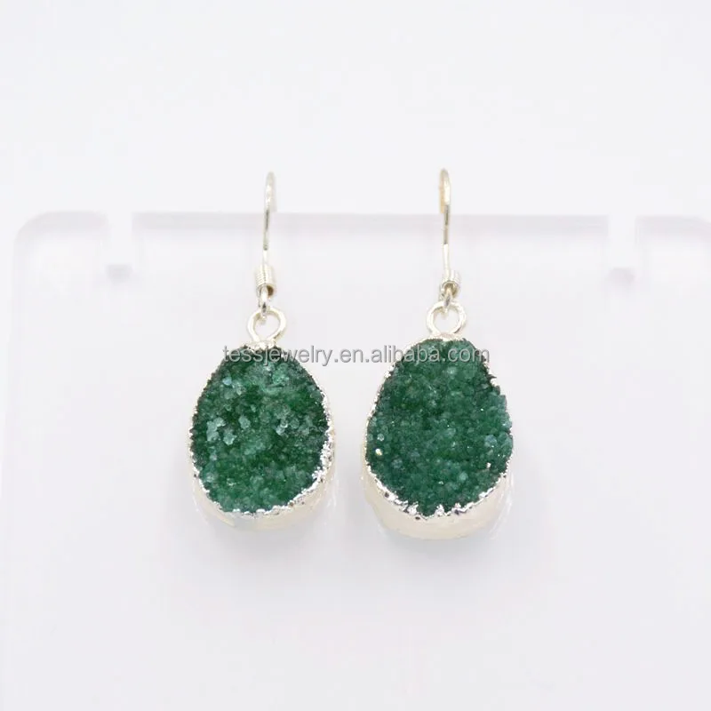 

Wholesale bright agate druzy earrings green druzy drop hook earring silver plated Avant garde style, Green agate druzy earrings