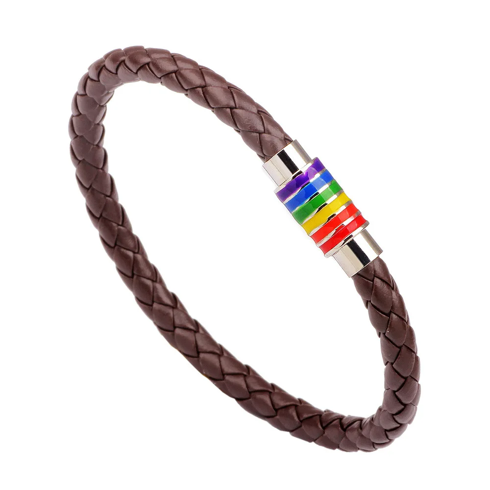 

2019 New Arrivals Vintage Bracelet Leather Cuff Braided Gay PRIDE Rainbow Magnetic Bracelet Men, As photo