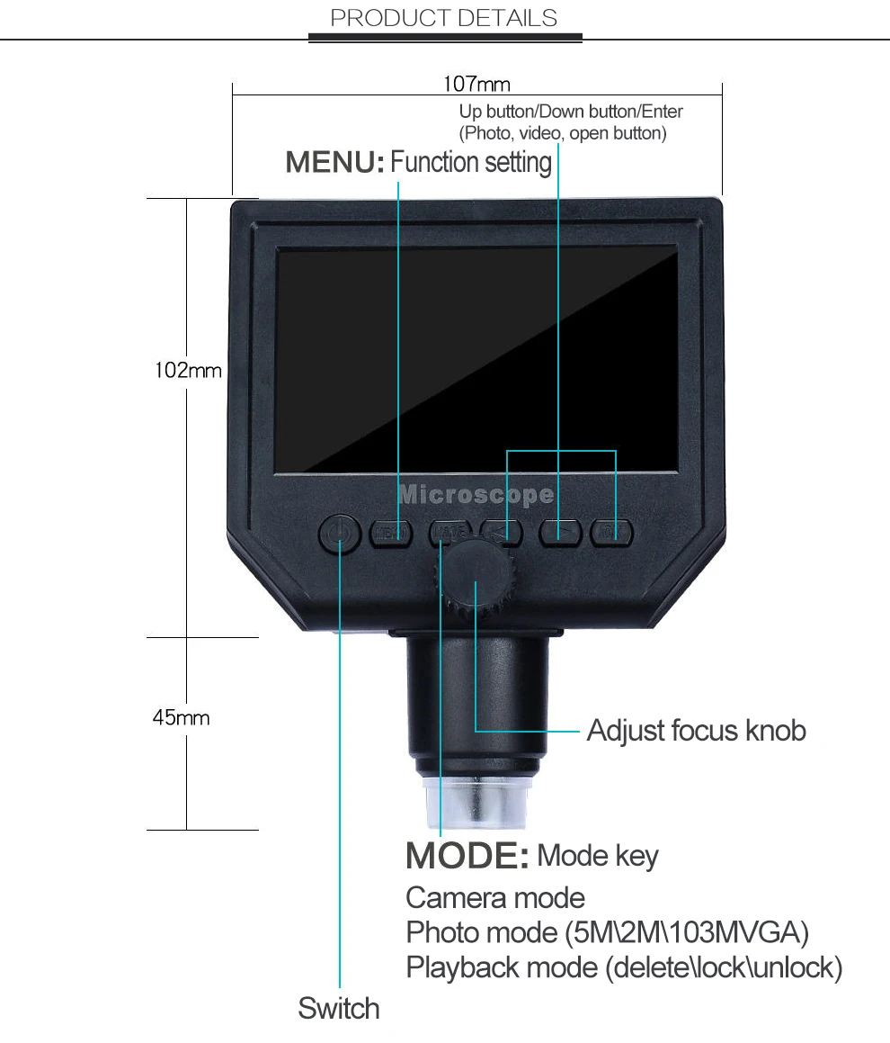 600X Digital Microscope 4.3" LCD USB Mini microscopio Video Camera Recorder HD 3.6 Mega Pixel with 1080P/720P/VGA Wide Usage