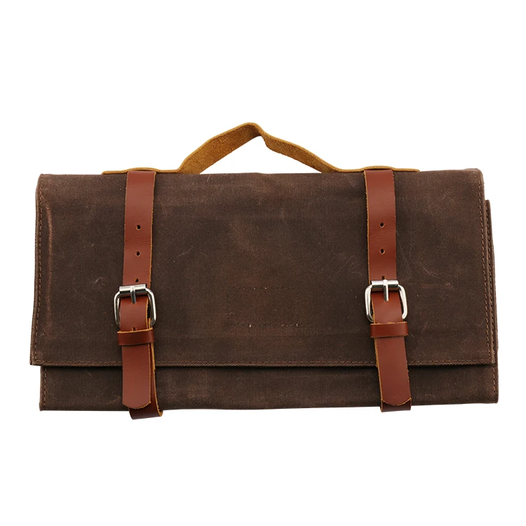 

Chef Knife Roll Bag Waxed Canvas and Leather Knife Bag Stores 8 Knives with Shoulder Strap, Brown