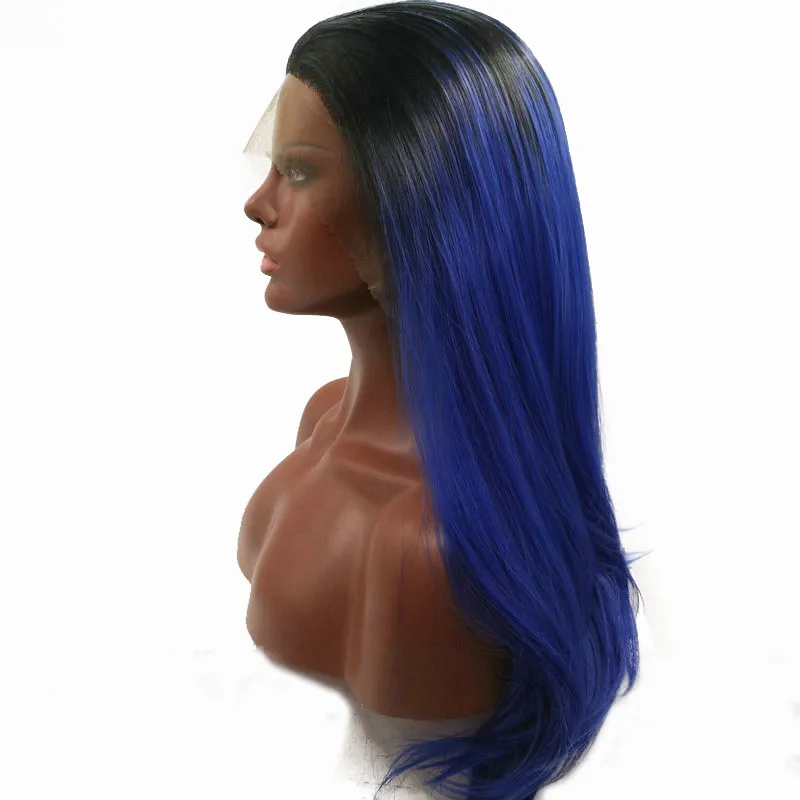 Long Sapphire Blue Ombre 1b# Black Root Heat Resistant Fiber Hair Natural  Straight Dark Blue Synthetic Lace Front Wigs - Buy Synthetic Lace Front  Wigs,Synthetic Wigs,Synthetic Hiar Product on 