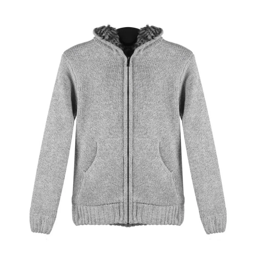 Outdoor Winter Jacket Mens Cardigan Sweater Fur Wool Lining Hoodie