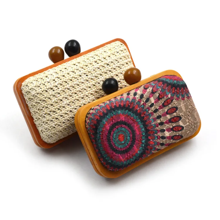 

cheap canvas rural woven small square handbag straw clutches for women wood evening bag, Variety