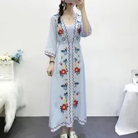 

YSMARKET Women Floral Dresses Bohemia Embroidery Holiday Beach Robe Slim Waist Tunic Long Maxi Dress E1657