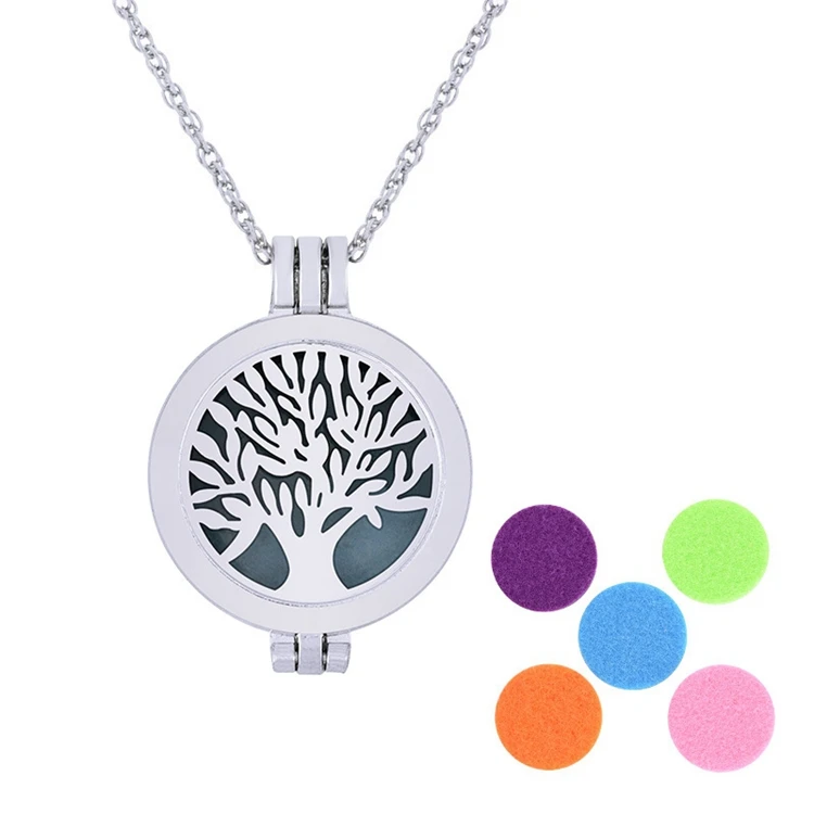 

Aromatherapy Essential Oil Diffuser Pendant Necklace Aroma Alloy Tree of Life Locket Glowing Necklace for Wholesale, 1 color