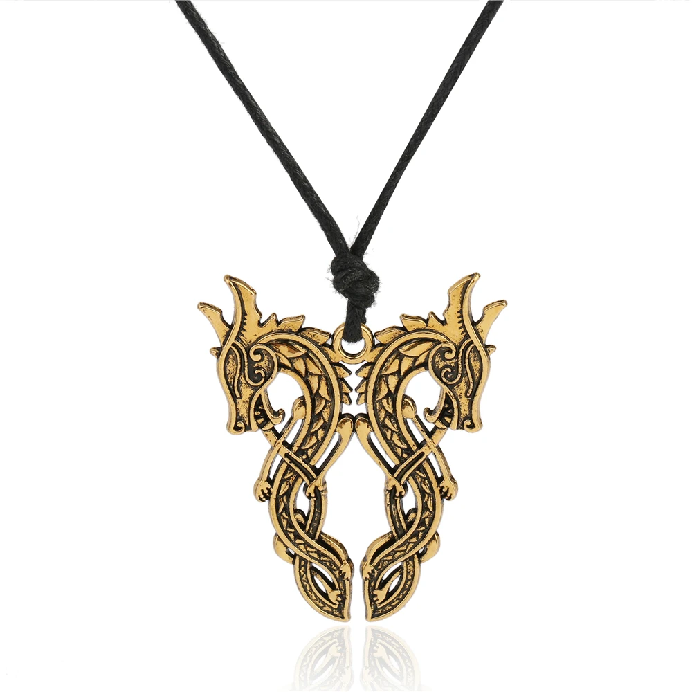 

2019 Jewelry Animal Viking Sekira Talisman Wiccan Men Boy Antique Gold Lucky Double Dragons Charm Pendant Necklace, Antique silver,antique gold