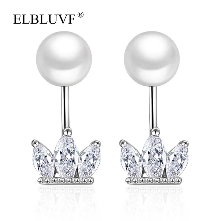 

ELBLUVF 925 Silver Plated Copper Alloy Jewelry Pearl Shape Pendant Earrings Crown Design Jewelry, White gold