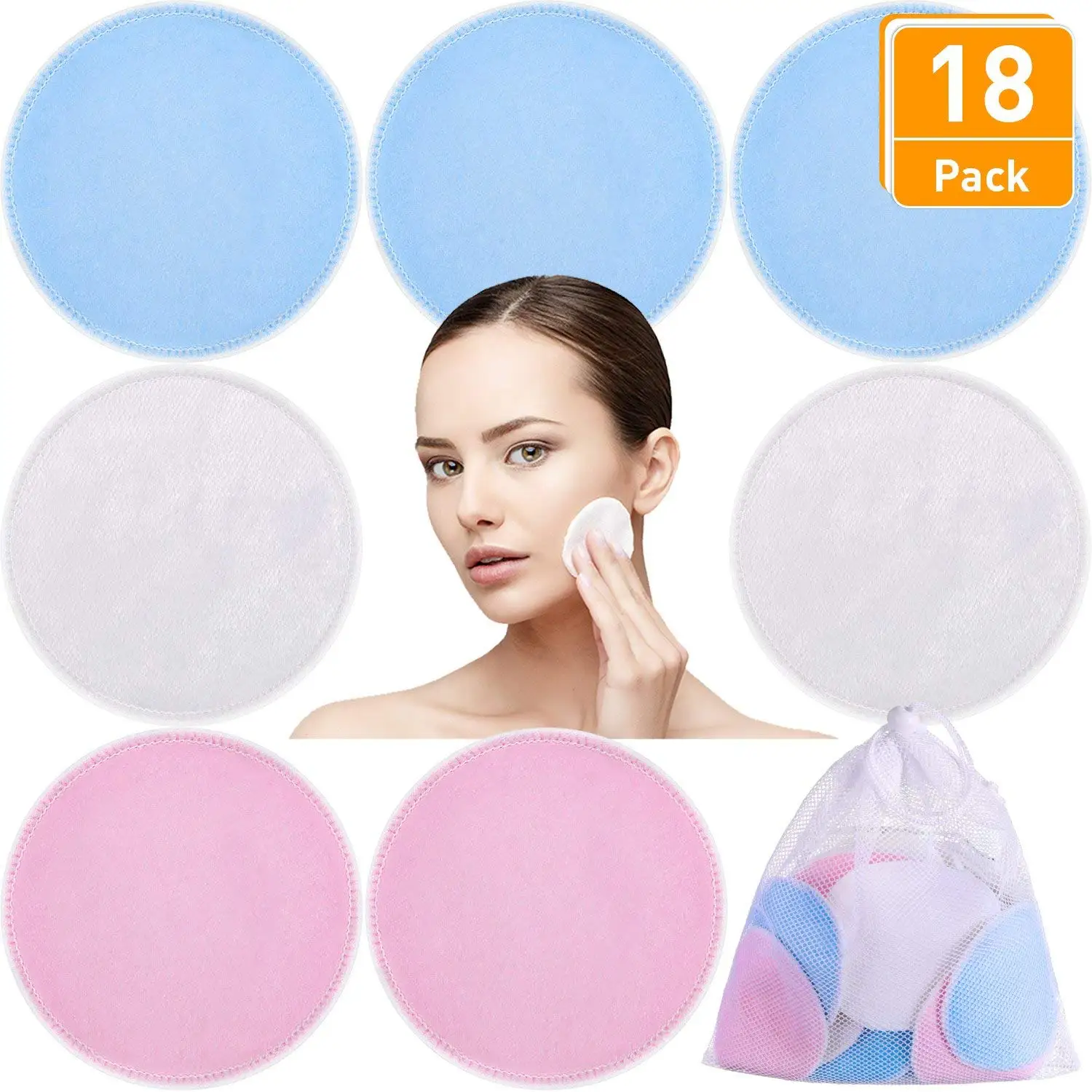 Blulu 18 Pack 3 Layers Makeup Remover Pads, Washable and Reusable Bamboo Soft Facial Pads, Makeup Remover Cloth Pads for Skin Care with Laundry Bag, 3 Colors