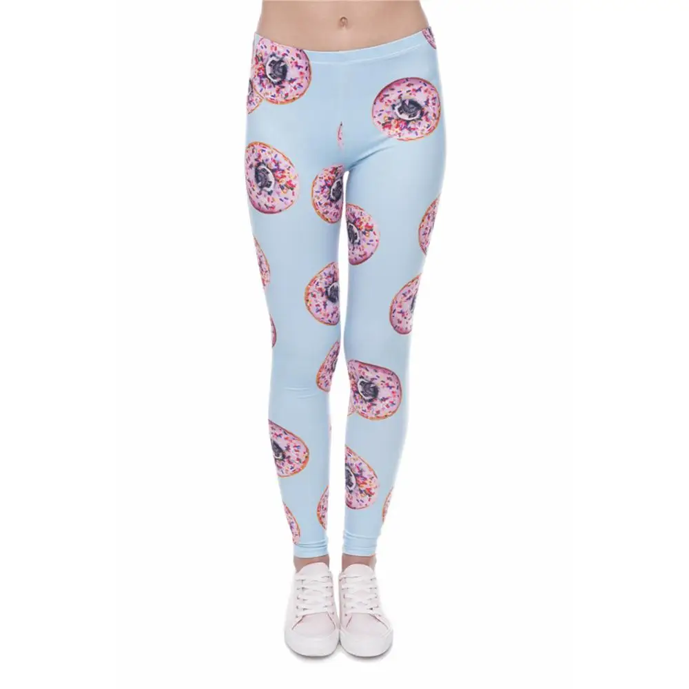 

New Fashion Workout Women Leggings Donuts With Pugs Printing Blue Pants Trousers Ladies Slim Sportswear High Waist Leggings, Photo color,customized upon request