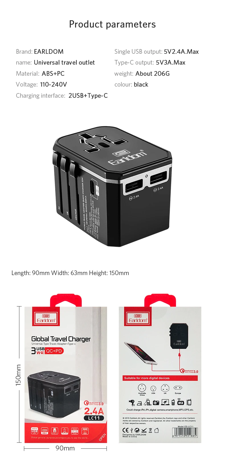 Earldom Universal Travel adapter plug Type C USB quick charger 42W PD adaptor power electrical plug outlet