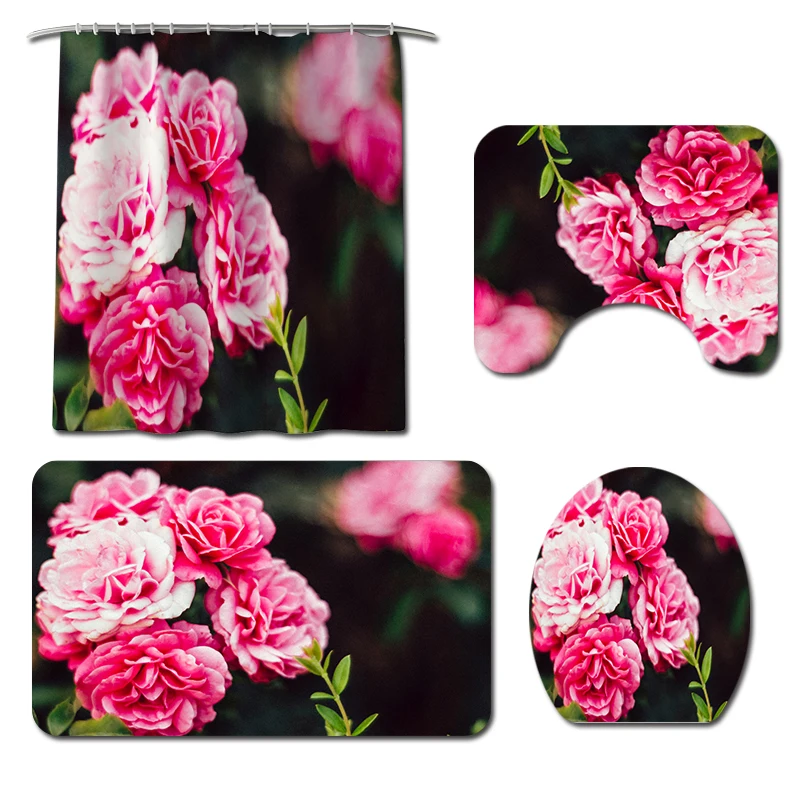 Custom Logo print 3d polyester fabric three 4 pieces bathroom mat bath rug sets 72"*72" shower curtain