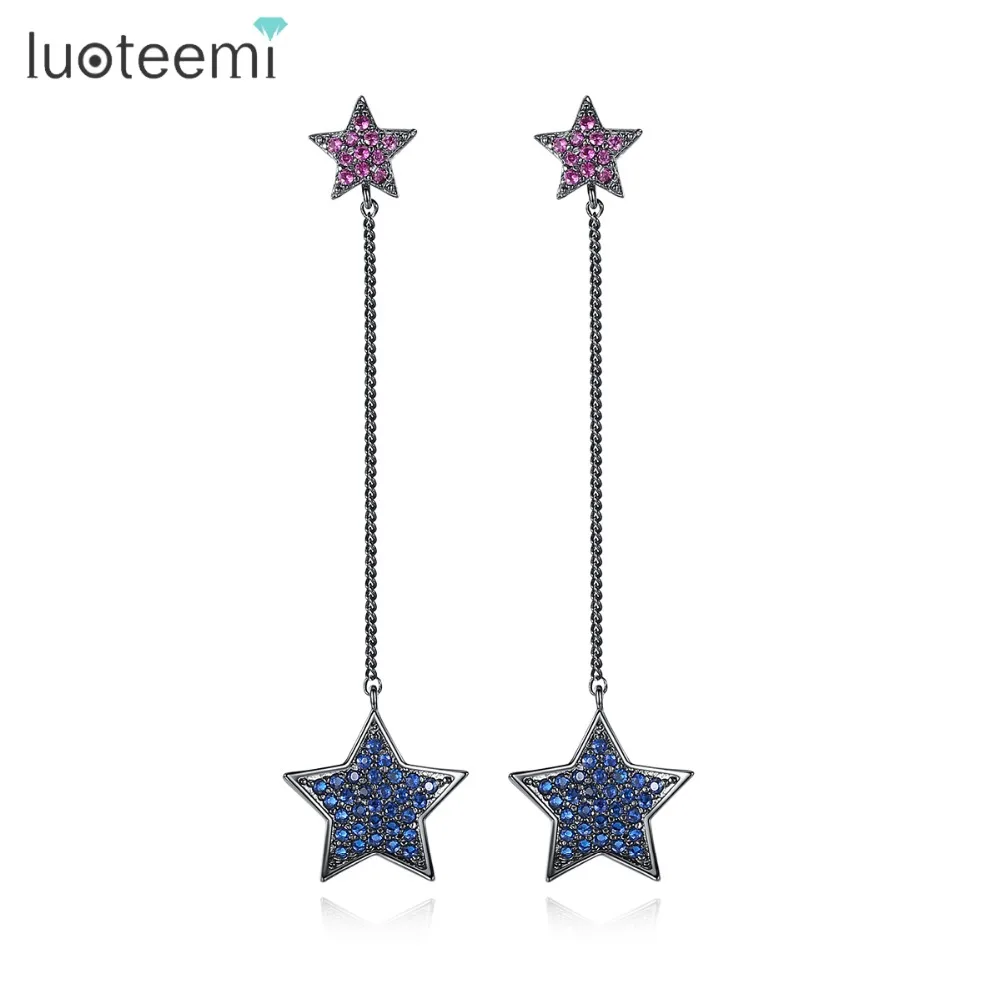 LUOTEEMI Black Rhodium Dark Blue Cubic Zirconia Double Stars Statement Bar Drop Earrings Stylish Jewelry For Women Gift Idea