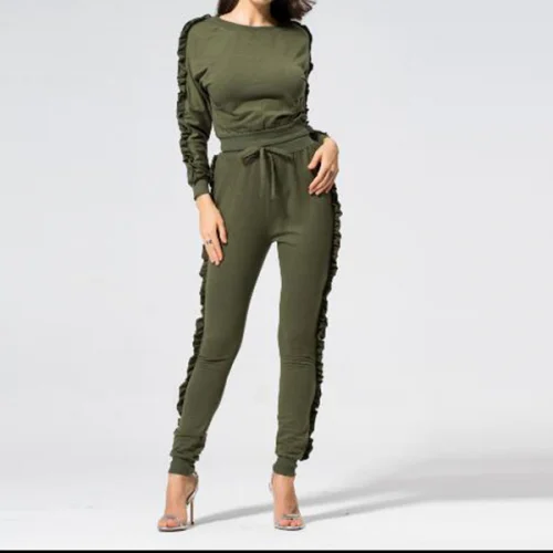 

346255 stringy selvedge Women Casual Set breathable Long Trousers & long sleeve T-shirt two piece set women clothing, N/a