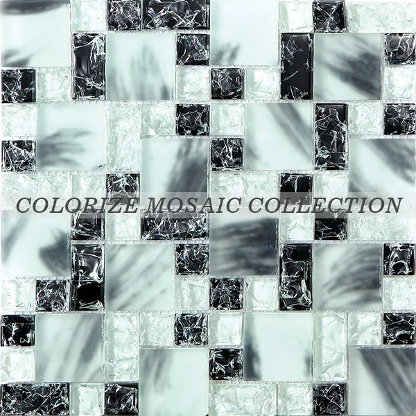 Black and white hand paint and ice crackle glass mosaic tile for wall (TX023)