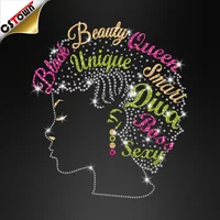 

Wholesale glitter lettering iron ons black beauty queen lady rhinestone transfer designs