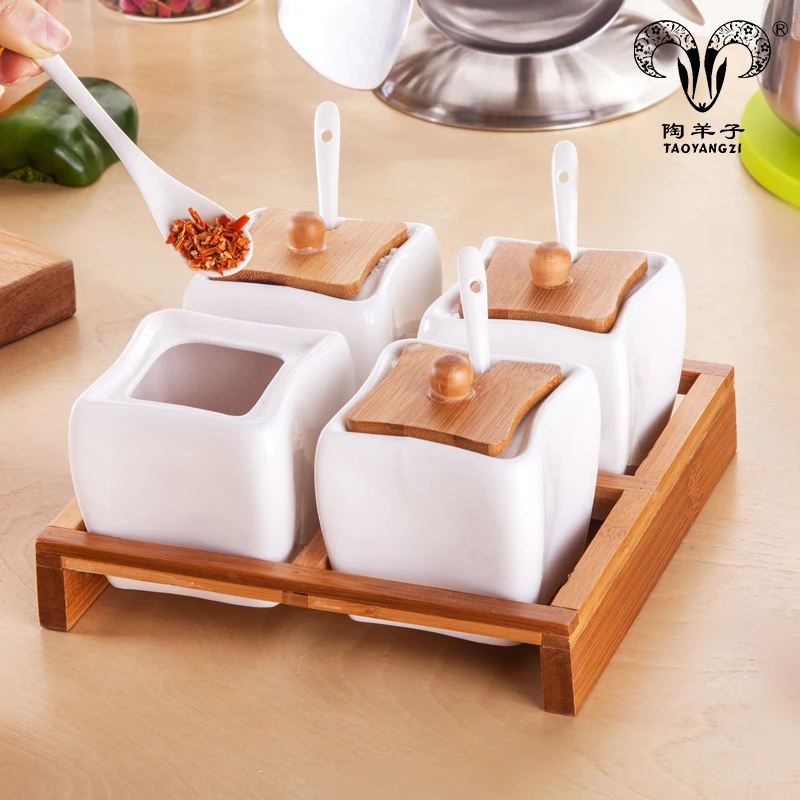 

White ceramic kitchen ware condiment set spice jar with bamboo lids and tray