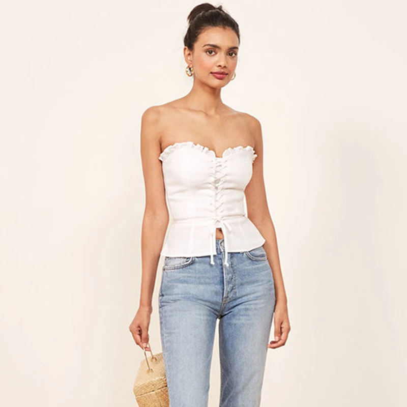 

Smocking Back Bustier Off Shoulder Womens Linen Blouse Women, White or customized