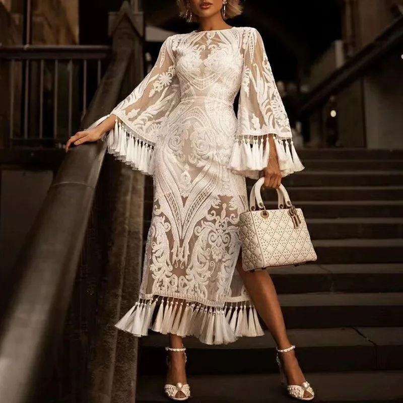 

2019 ladies maxi dress women mandarin sleeve mesh see-through sequins embroidery evening dress with tassel and lining dress