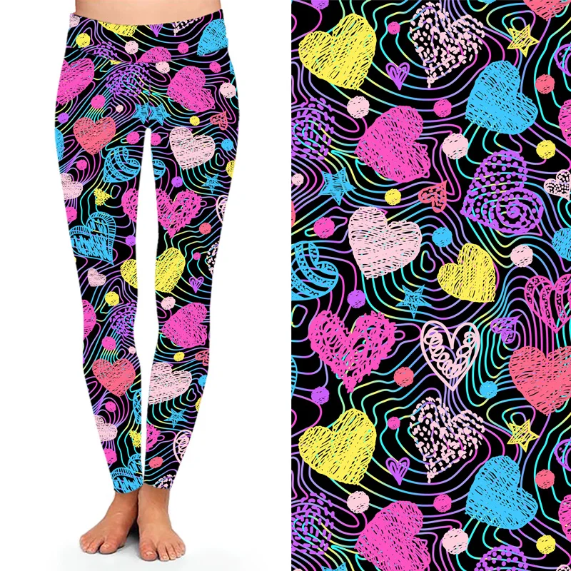 

Colorful Printed Heart Shape Leggings Line Circle Bright Color Girls Leggings For Yoga Gym Sport Fitness Wear High Waist, As picture