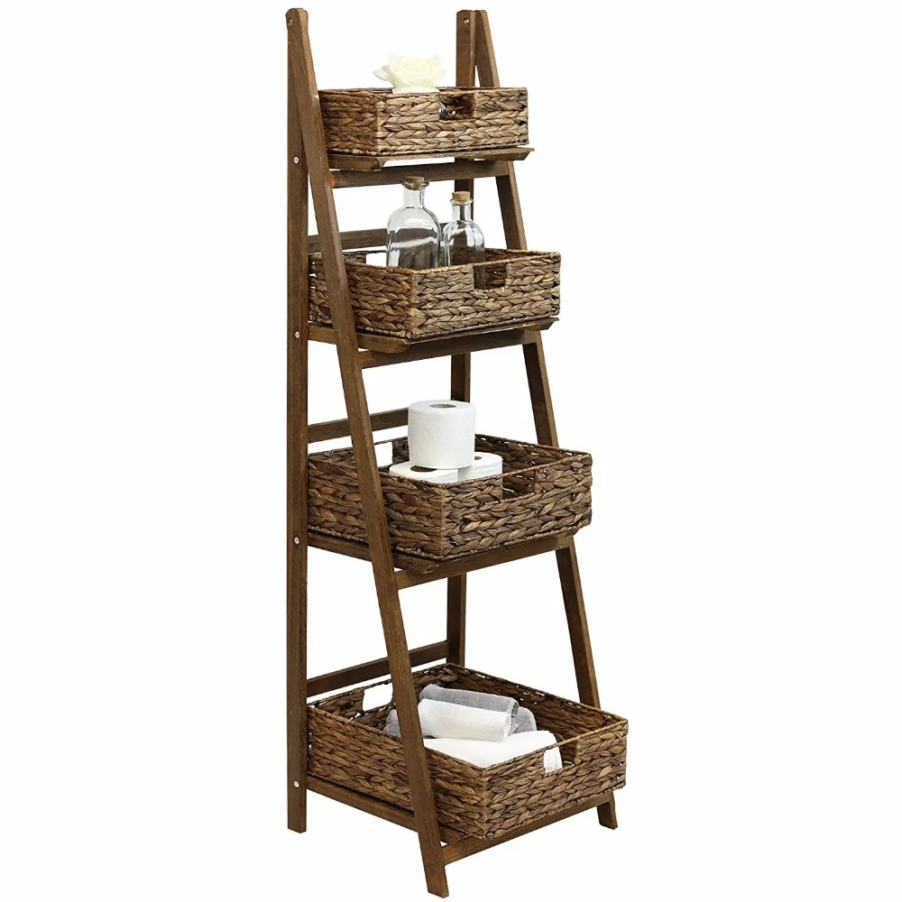 4 Tier Brown Ladder Shelf With Brown Wicker Basket Set - Buy 4 Tier ...